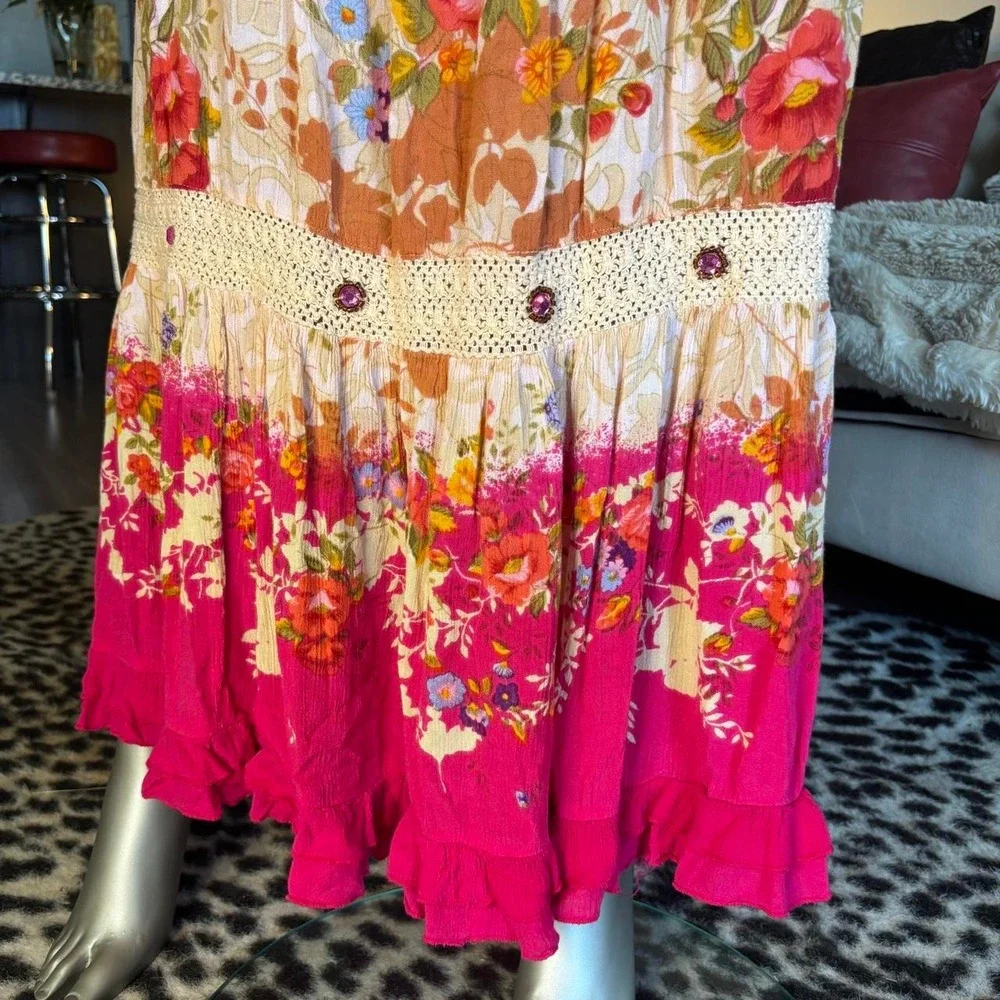 Y2K Boho Floral Tiered Maxi Skirt Orange Pink 🌿